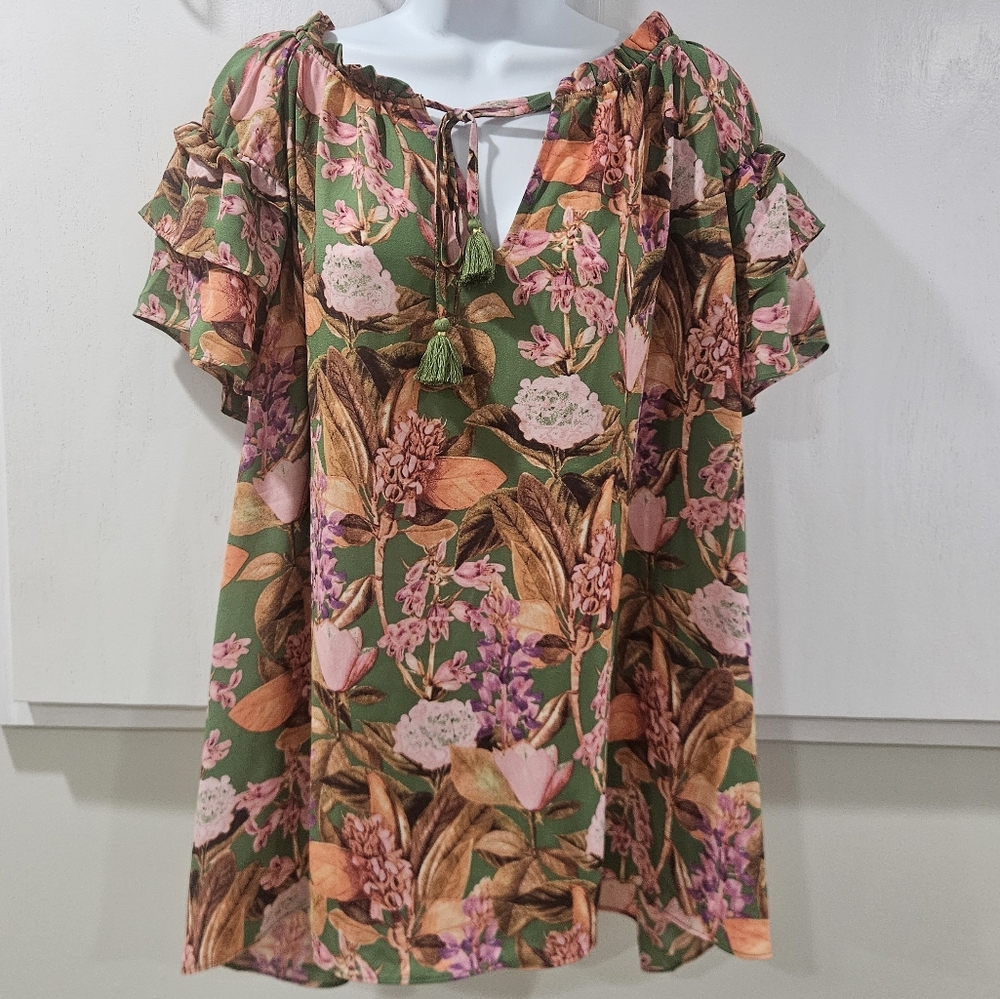 Rose + Olive Womens Top 2X Boho Fairy Floral Relaxed Flowy Tiered Tropical